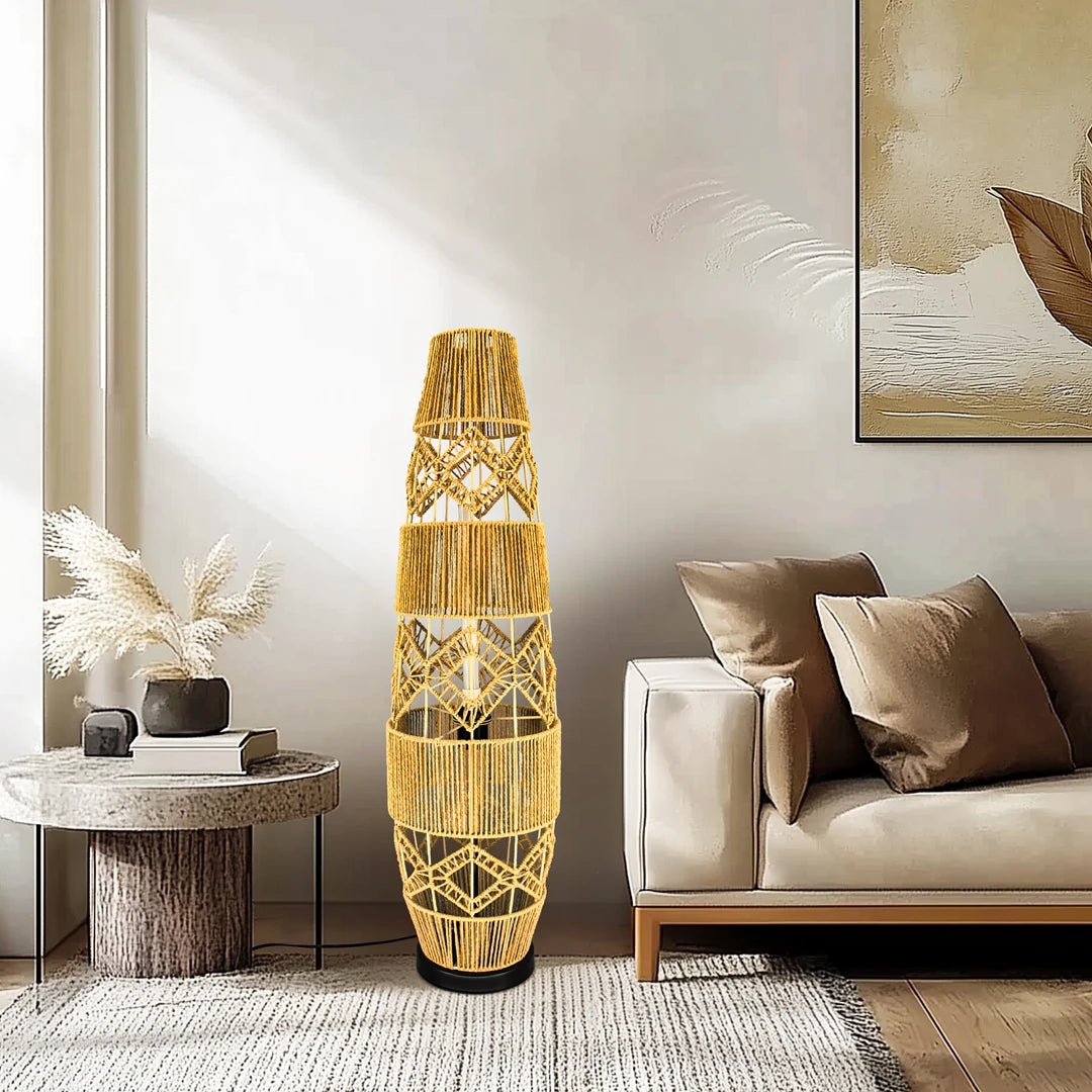 Boho rotan vloerlamp, handgeweven met LED-lichtbalk - leeslamp voor in de hoek