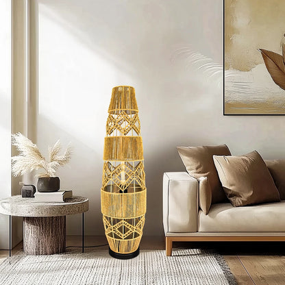 Boho rotan vloerlamp, handgeweven met LED-lichtbalk - leeslamp voor in de hoek