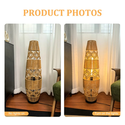 Boho rotan vloerlamp, handgeweven met LED-lichtbalk - leeslamp voor in de hoek