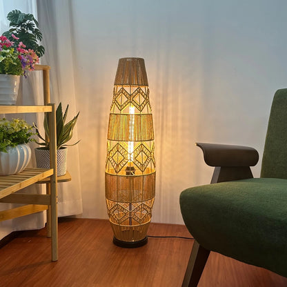 Boho rotan vloerlamp, handgeweven met LED-lichtbalk - leeslamp voor in de hoek
