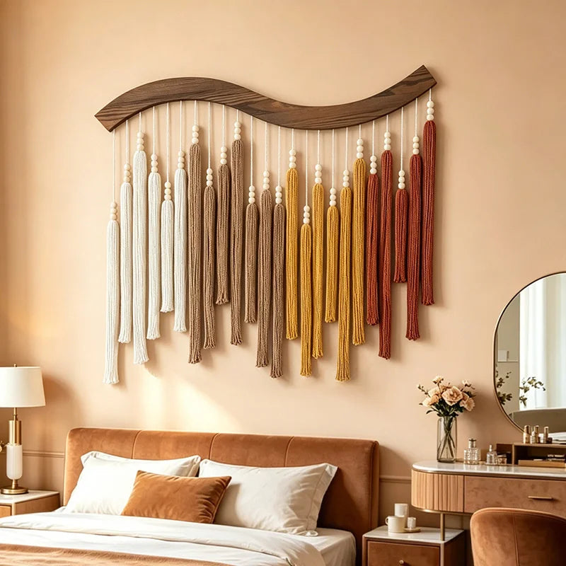 Groene macramé wanddecoratie met kwastjes – 70 × 80 cm