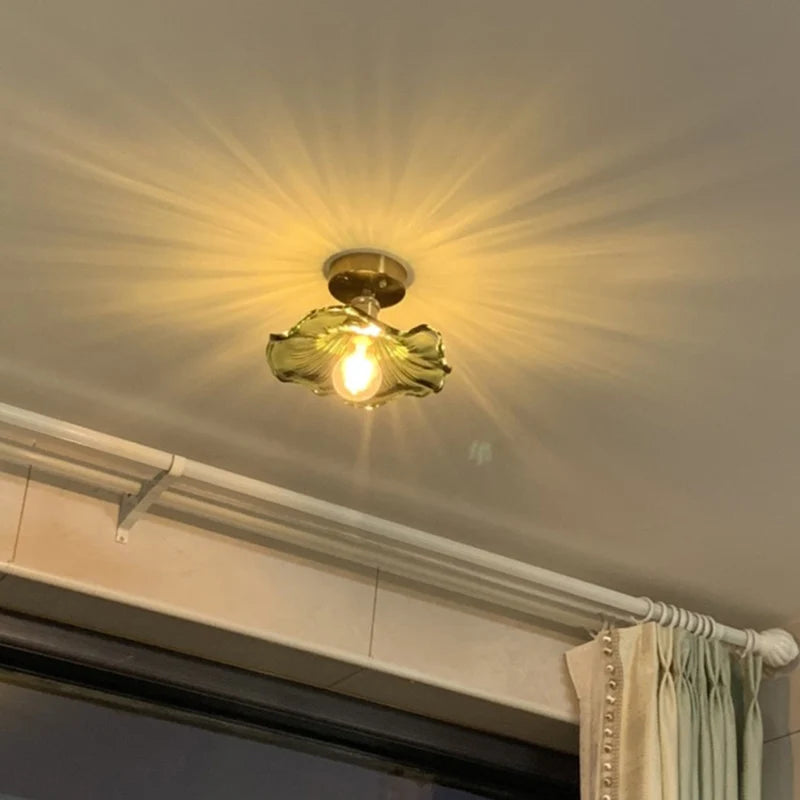 Bloemen glazen hanglamp - koperen plafondkroonluchter