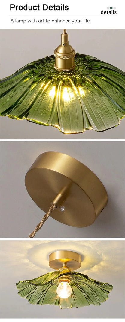 Bloemen glazen hanglamp - koperen plafondkroonluchter