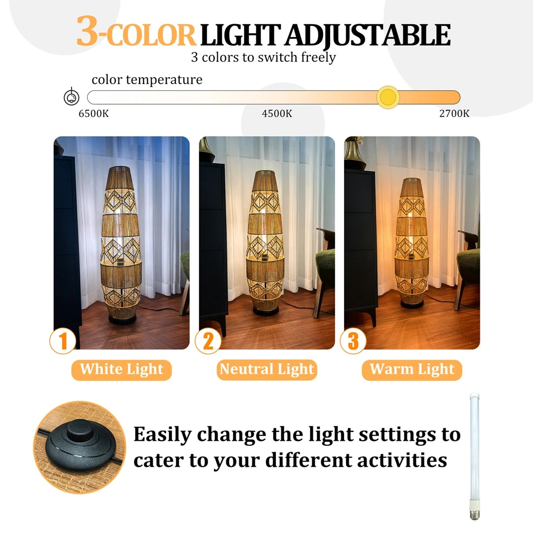 Boho rotan vloerlamp, handgeweven met LED-lichtbalk - leeslamp voor in de hoek