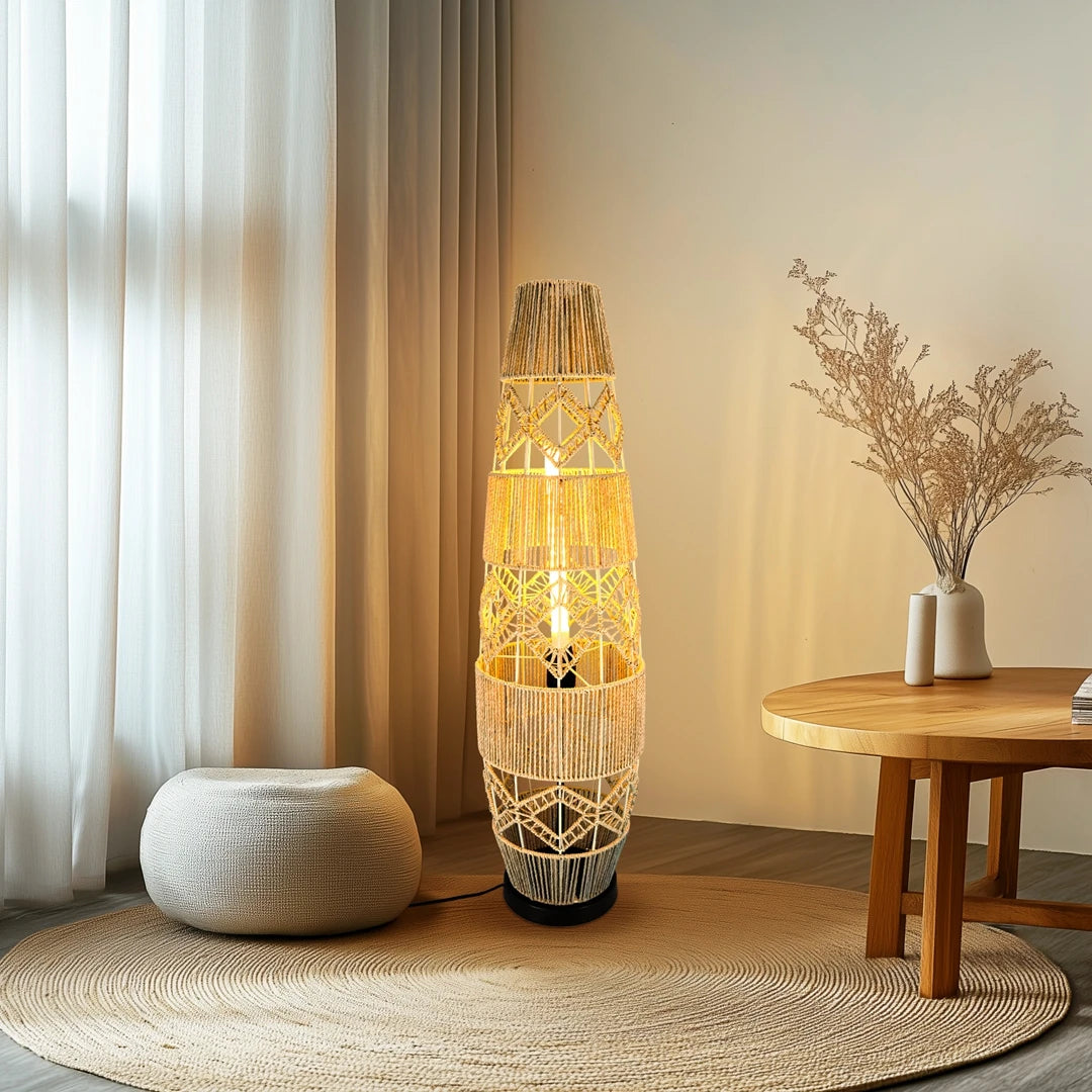 Boho rotan vloerlamp, handgeweven met LED-lichtbalk - leeslamp voor in de hoek