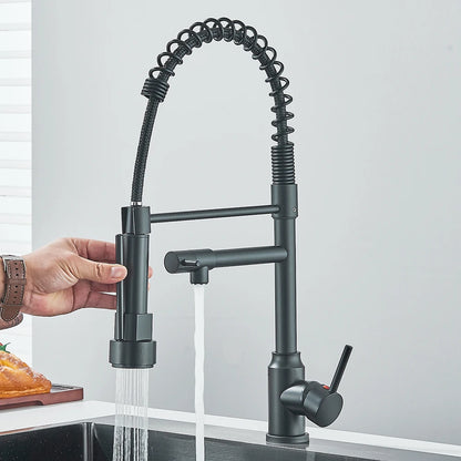 Dual Spout Kitchen Faucet with Pull-Out Spring Sprayer – Chrome | Mixer Tap