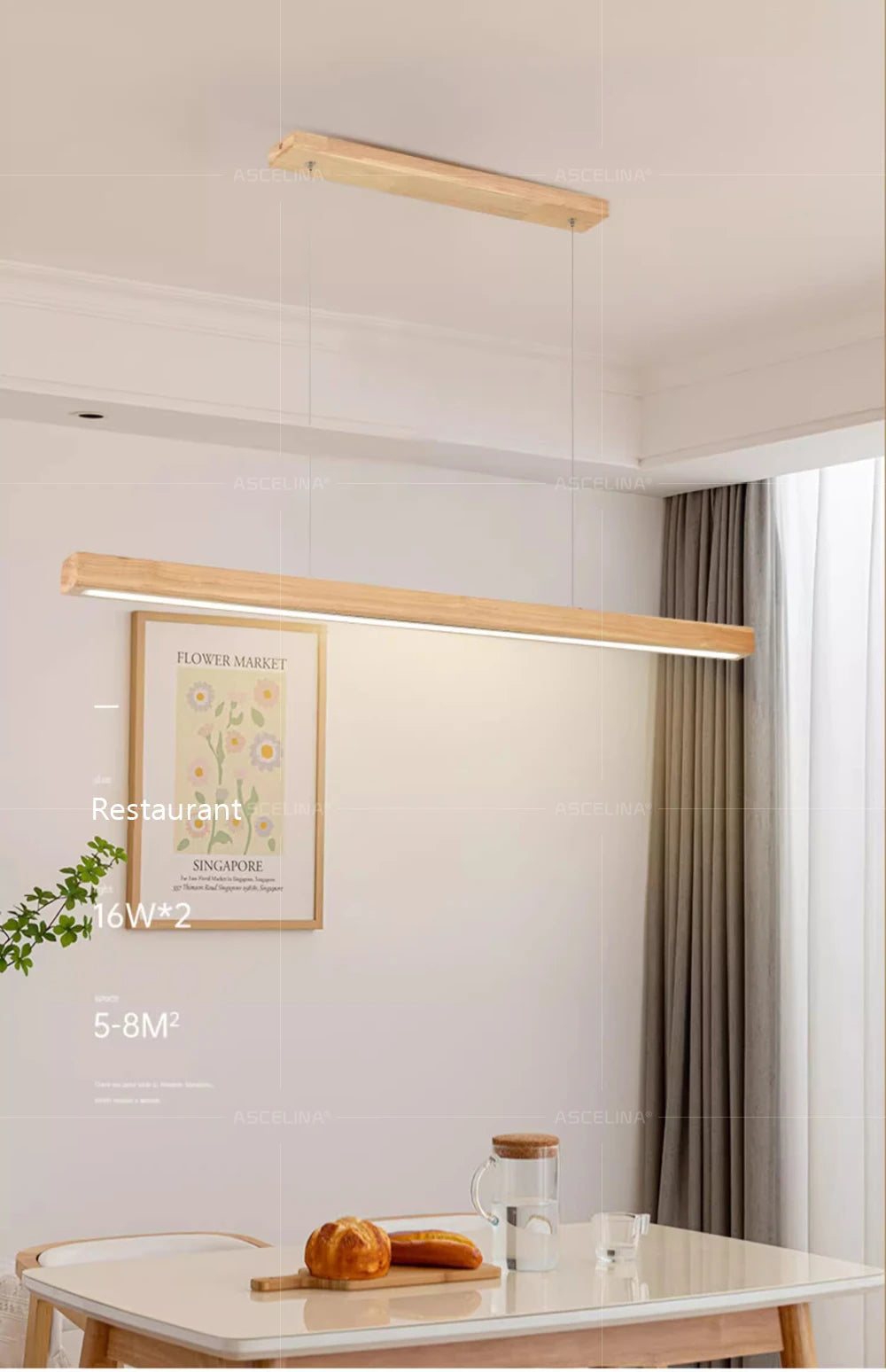 LED hanglamp - lange houten strip - keukeneilandverlichting