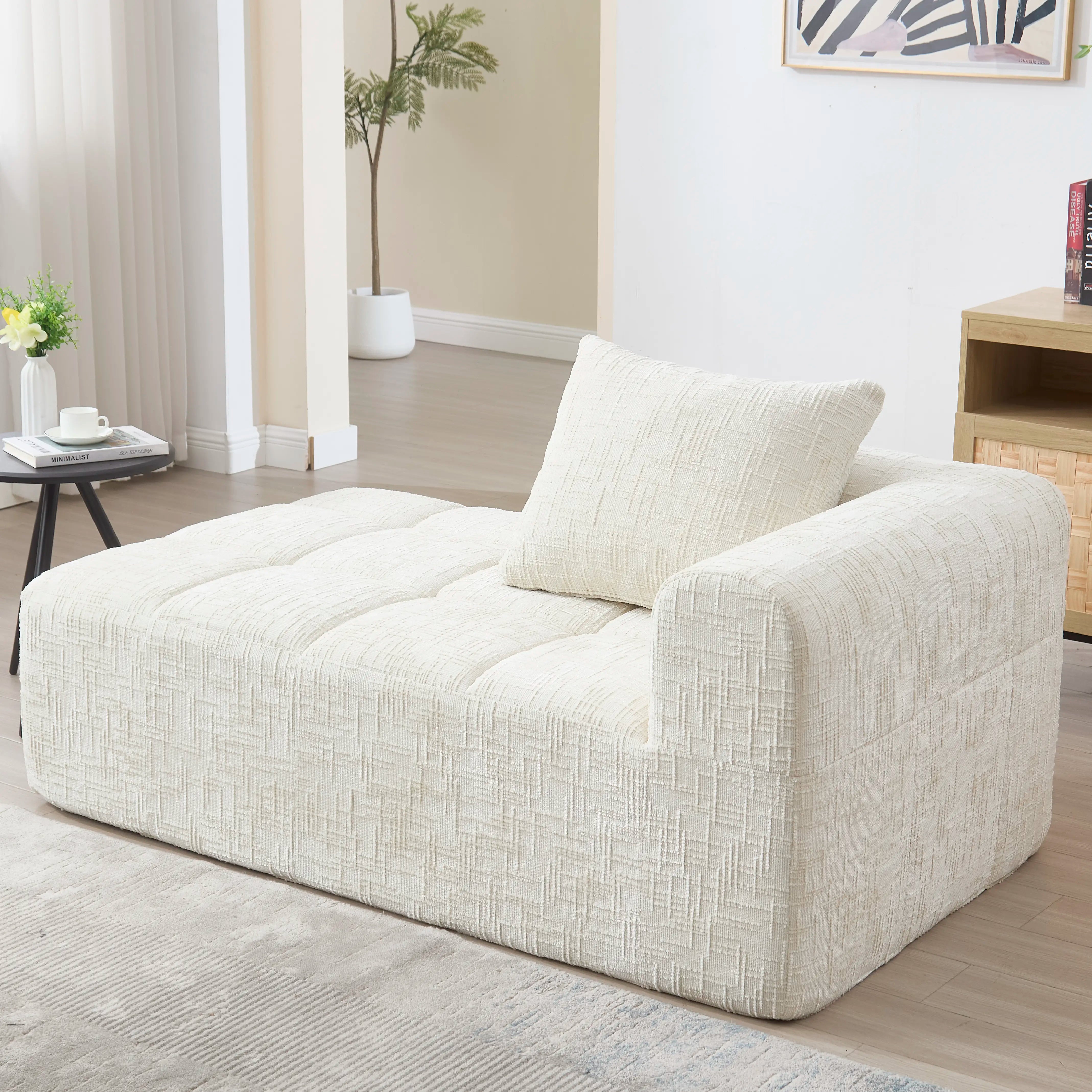 Luxe beige chenille chaise longue bank - 2-zits met opbergvakken 
