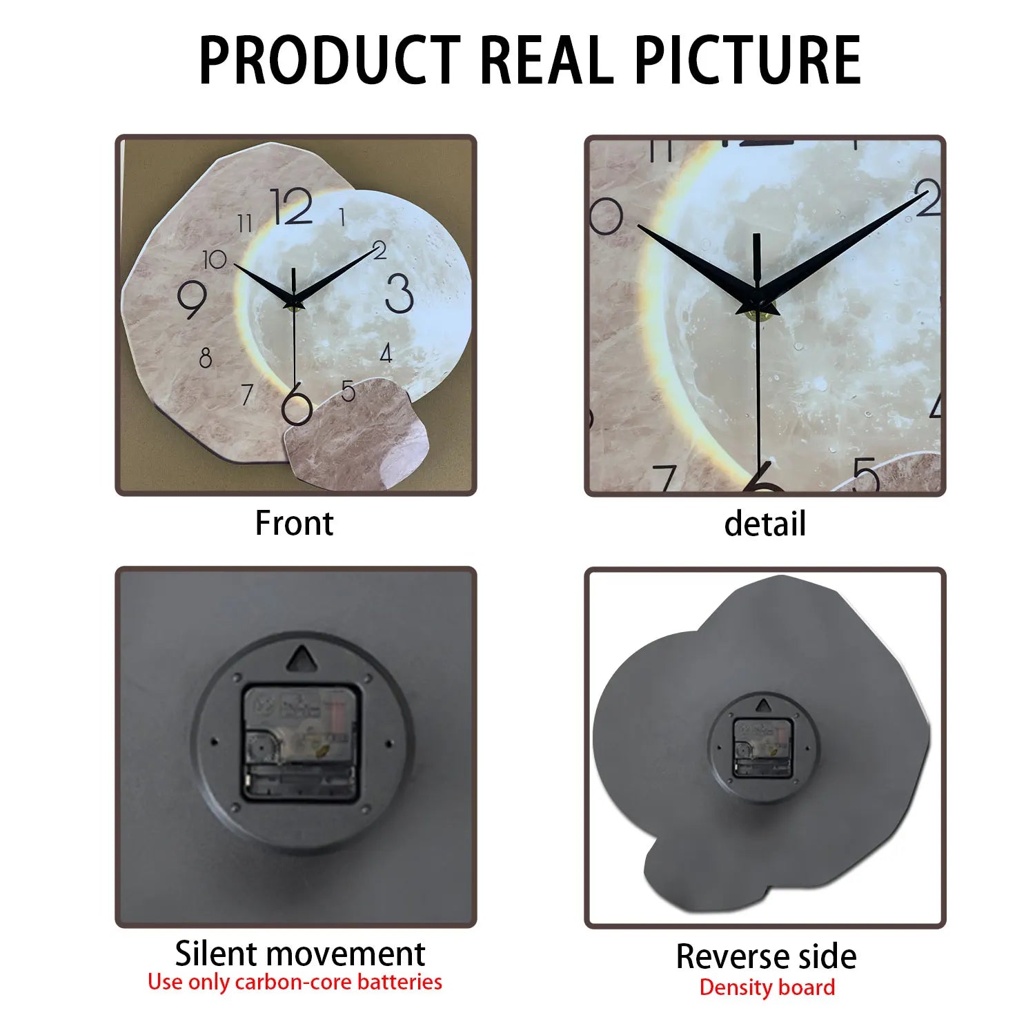 Stille wandklok - modern maanontwerp met houten frame