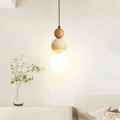 Rustieke hanglamp van hout en steen - middeleeuwse Bauhaus-designerkroonluchter