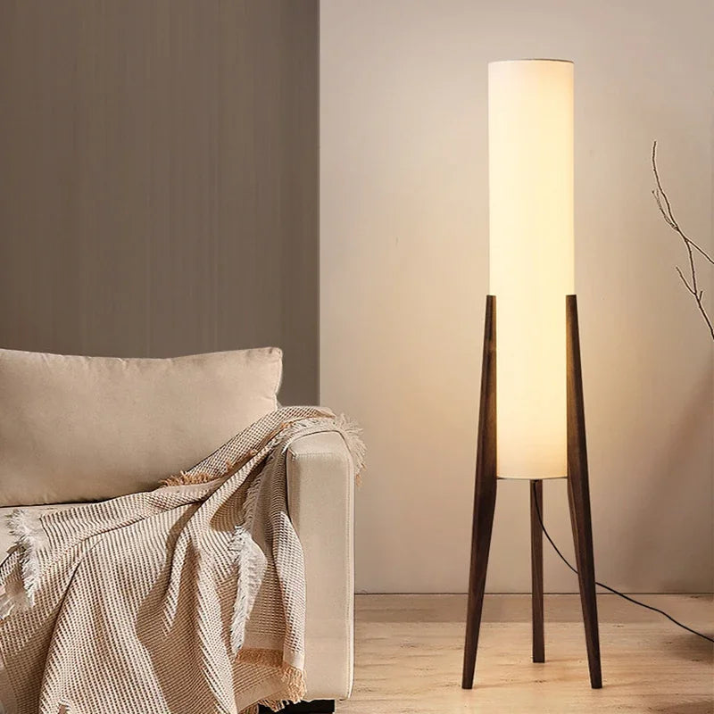 Japanse retro vloerlamp van massief hout - staande lamp met stoffen lampenkap