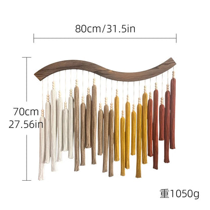 Groene macramé wanddecoratie met kwastjes – 70 × 80 cm