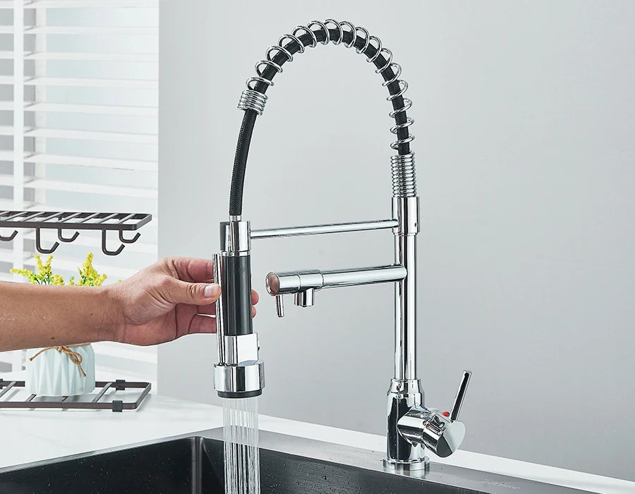 Dual Spout Kitchen Faucet with Pull-Out Spring Sprayer – Chrome | Mixer Tap