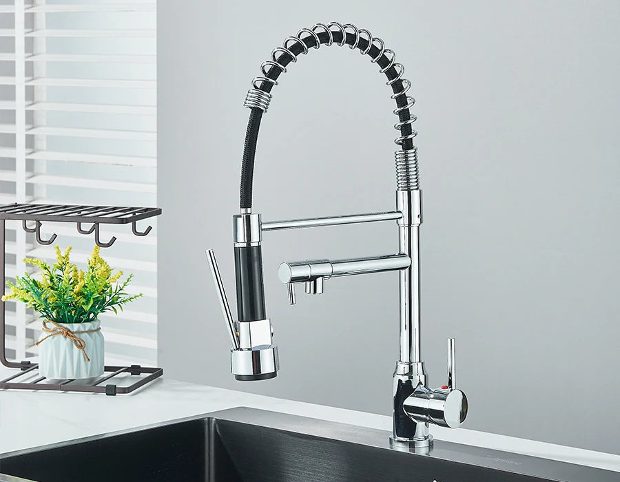 Dual Spout Kitchen Faucet with Pull-Out Spring Sprayer – Chrome | Mixer Tap
