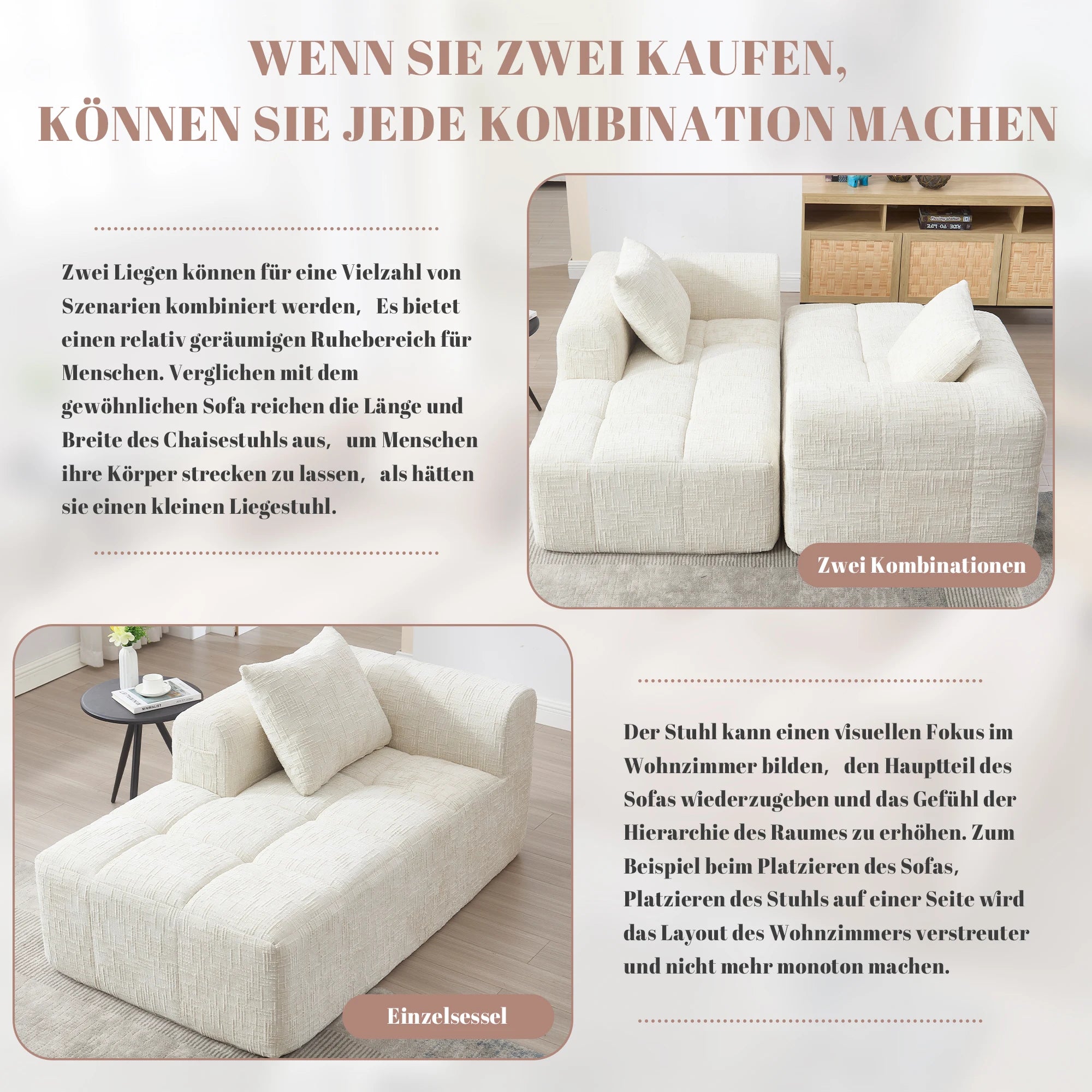 Luxe beige chenille chaise longue bank - 2-zits met opbergvakken 