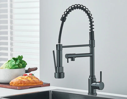 Dual Spout Kitchen Faucet with Pull-Out Spring Sprayer – Chrome | Mixer Tap