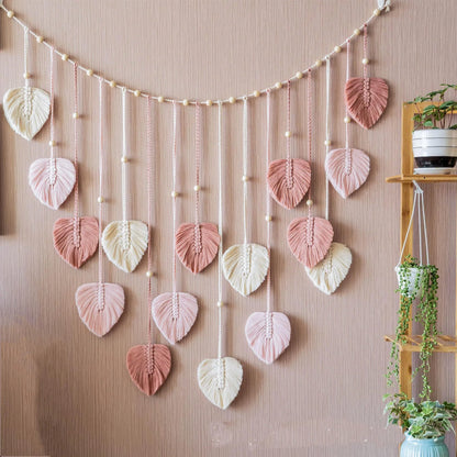 Boho Macramé Wanddecoratie met Bladeren – 120 × 75 cm