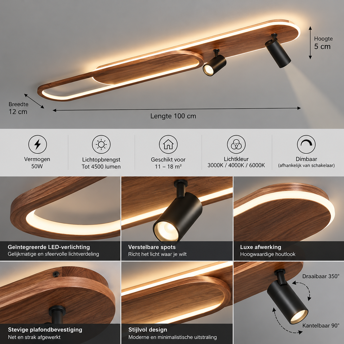 Lineair LED-plafondlicht met walnootafwerking en spot