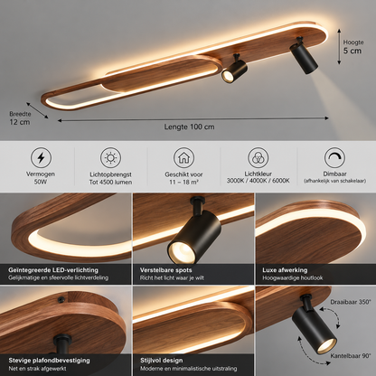 Lineair LED-plafondlicht met walnootafwerking en spot