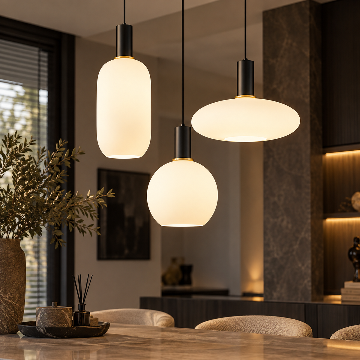 Melkglazen LED Hanglamp Zwart / Goud
