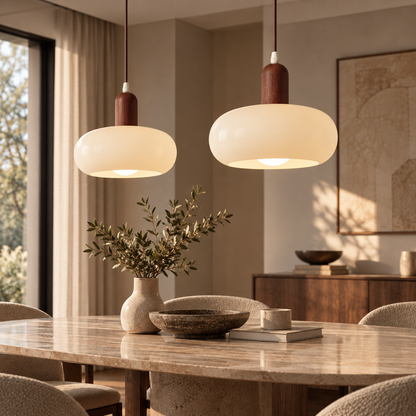 Melkglazen LED Hanglamp met Houten Pendel